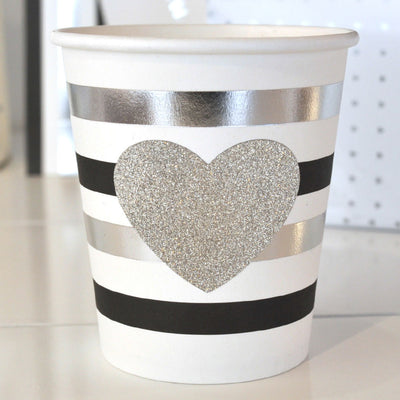Silver & Black Stripe Cups (Pack 10)